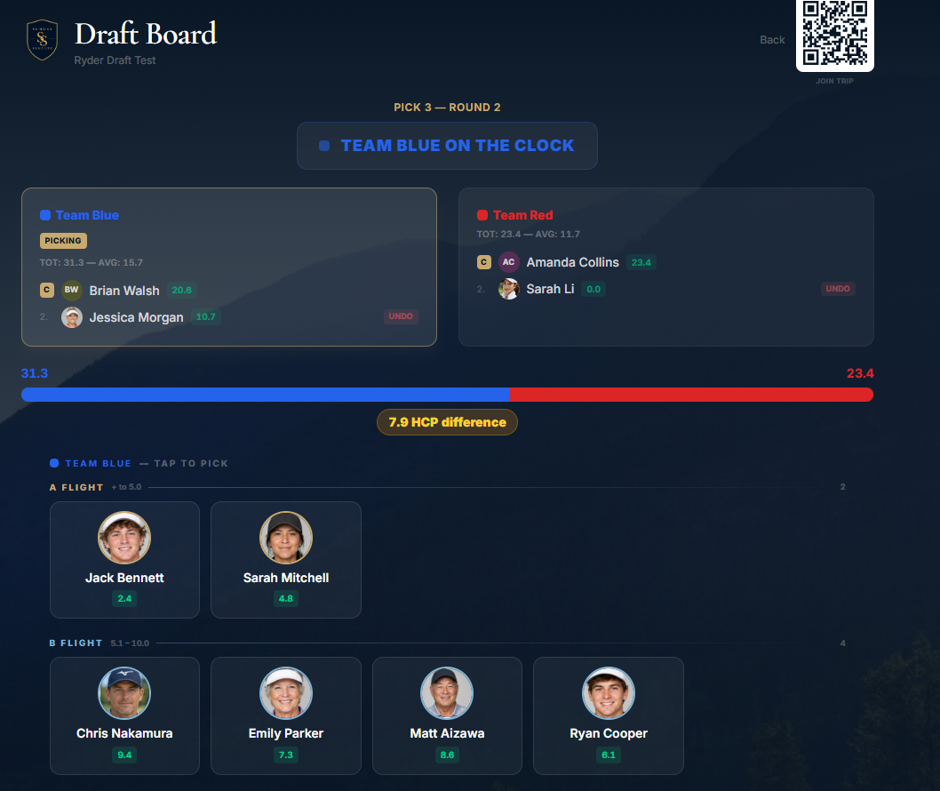 Sunday Singles — live Ryder Cup draft board with captains picking by flight